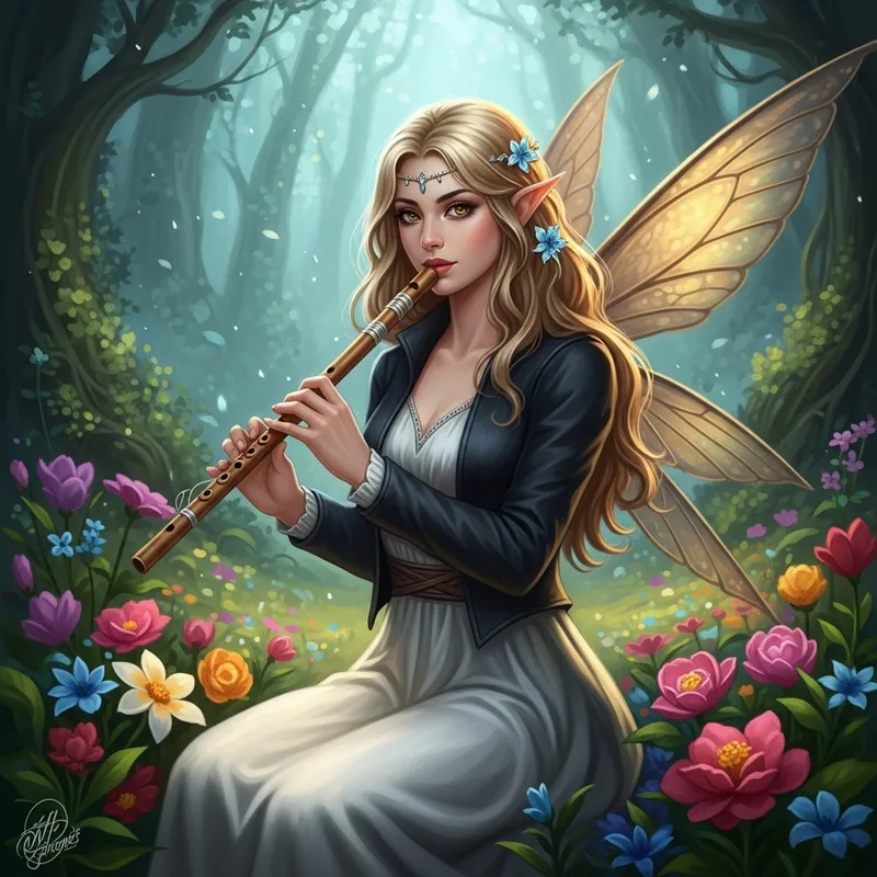 Enchanting Ethereal Female Fairy Bard in Mystical Forest - Fantasy Artwork Enchanting Ethereal Female Fairy Bard in Mystical Forest - Fantasy Artwork