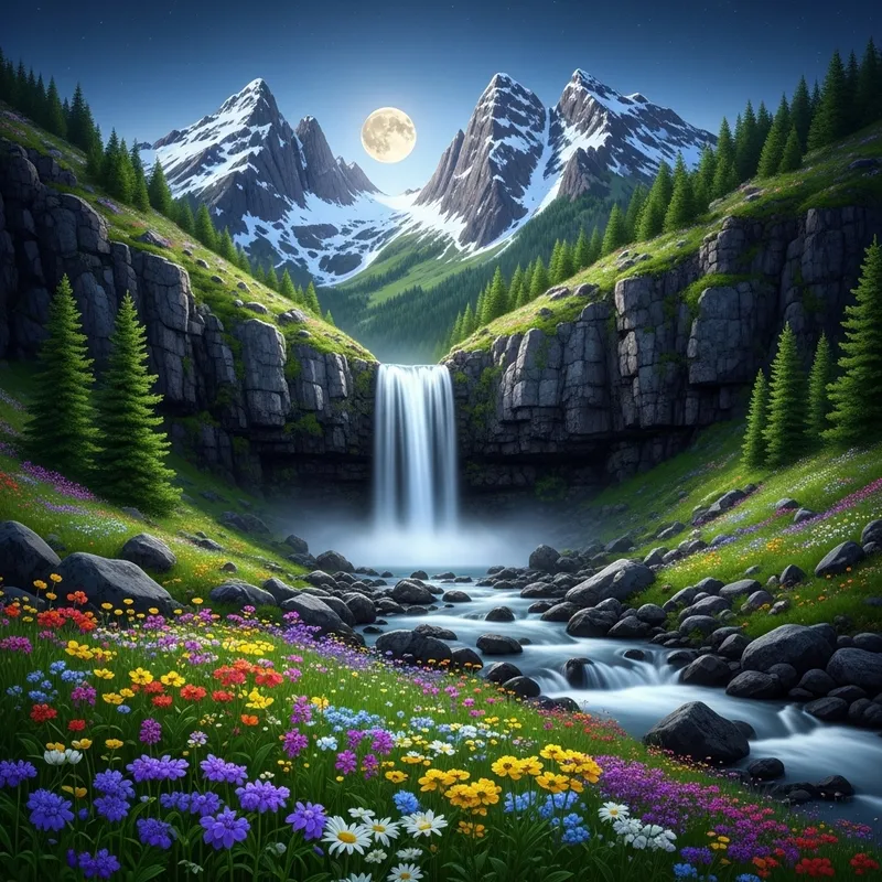 Moonlit Waterfall in Mountains with Flowers | Celestial Beauty
