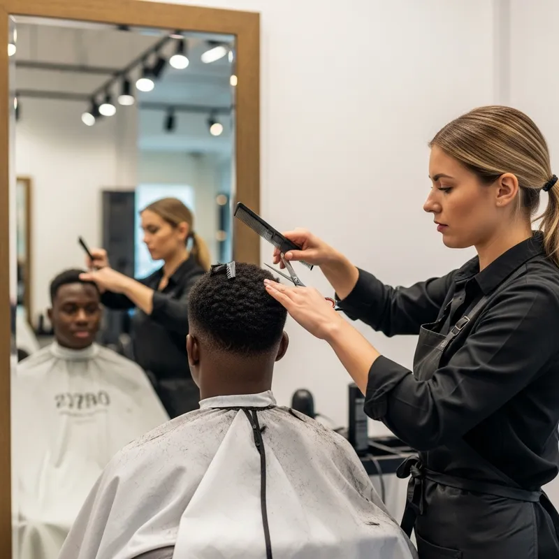 Professional Hair Stylist Creating a Stylish Look for a Black Male Client Professional Hair Stylist Creating a Stylish Look for a Black Male Client