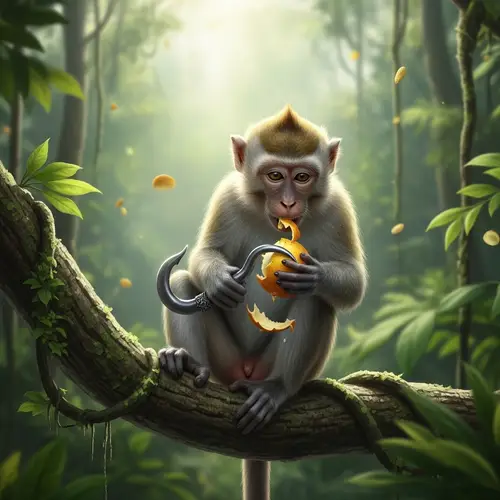 Mischievous Jungle Monkey with Hook Peeling Fruit on Tree Branch