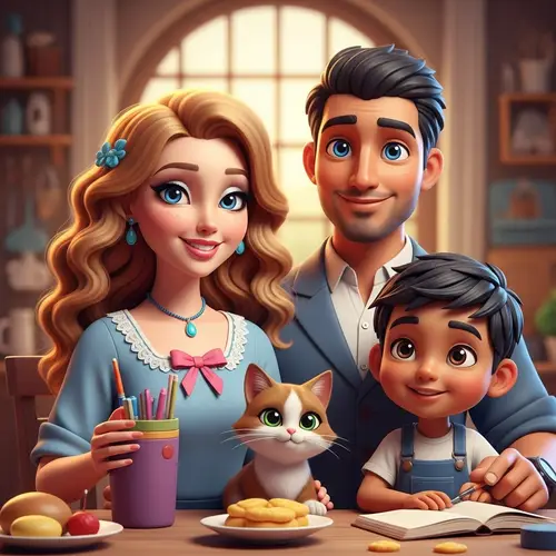 Charming 3D Family Illustration in Animation Style