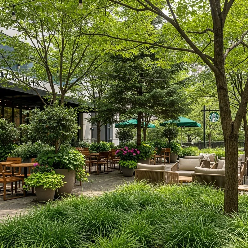 Cozy Starbucks Outdoor Terrace with Lush Greenery