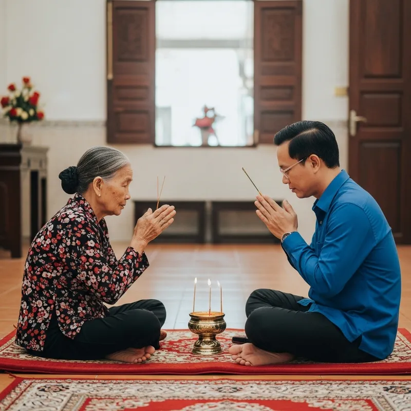Vietnamese Man and Woman Praying for Blessings | Wide-angle Portrait Photo