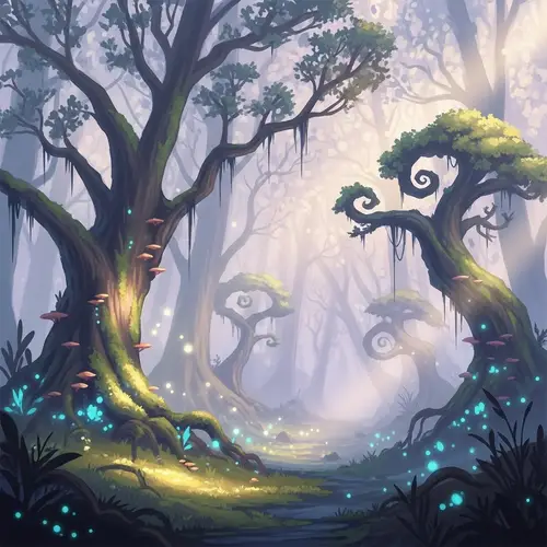 Mystical Forest Painting with Dreamlike Colors and Enchanted Trees