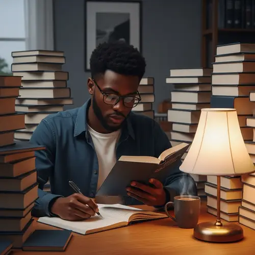 Dedicated Black Law Student Studying Late Night with Books and Coffee