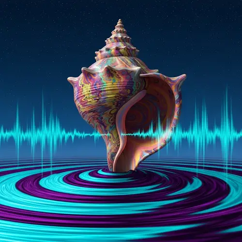 Surrealistic Tinnitus Art: Vibrant Conch Shell & Sound Waves