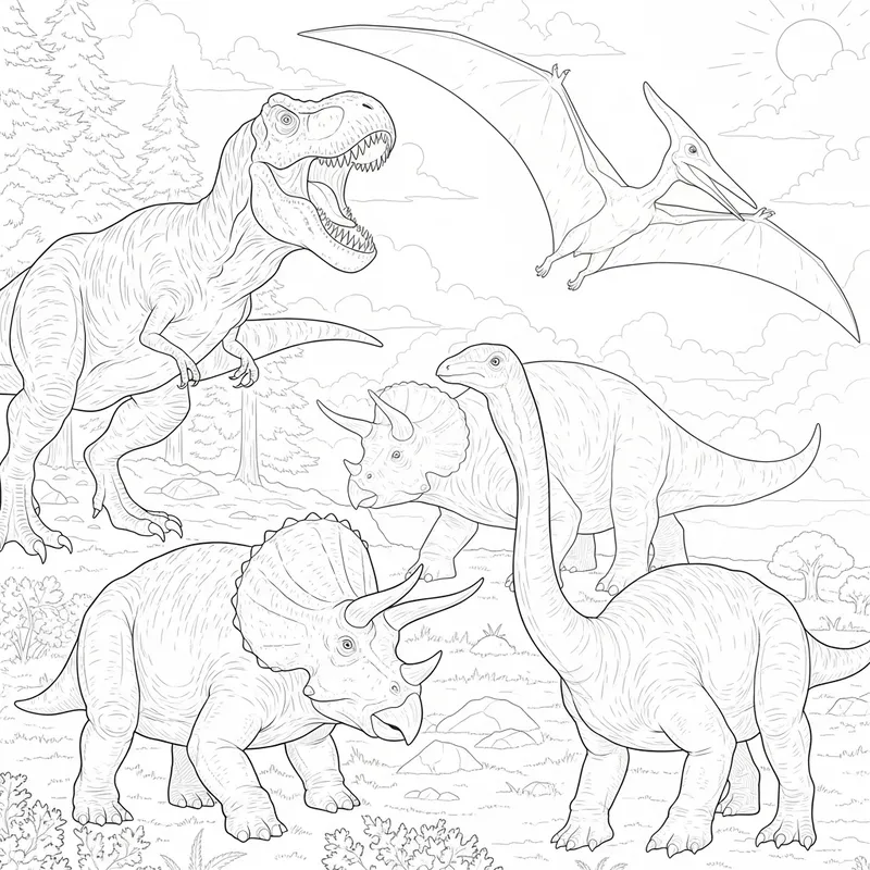 Dinosaur Coloring Sheets: T-rex, Triceratops, Pterodactyl