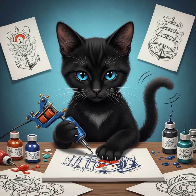 Majestic Cat Tattoo Artist Crafting Nautical Ink Masterpiece