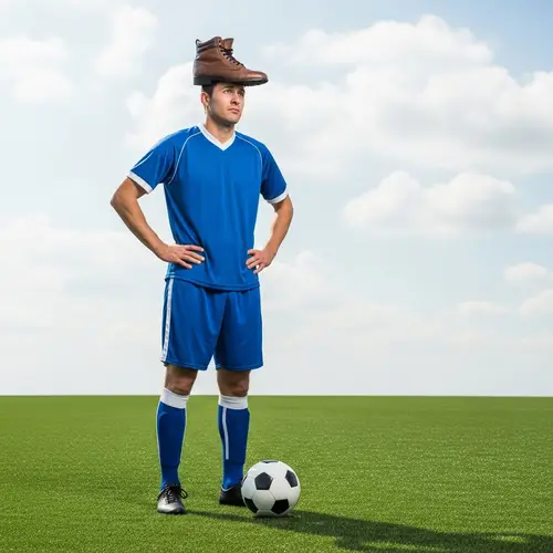 Unique Soccer Player with Brown Boot Hat on Grassy Field
