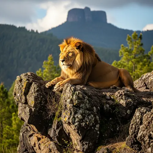 Lion Resting on Rock Formation in Cofre de Perote, Veracruz