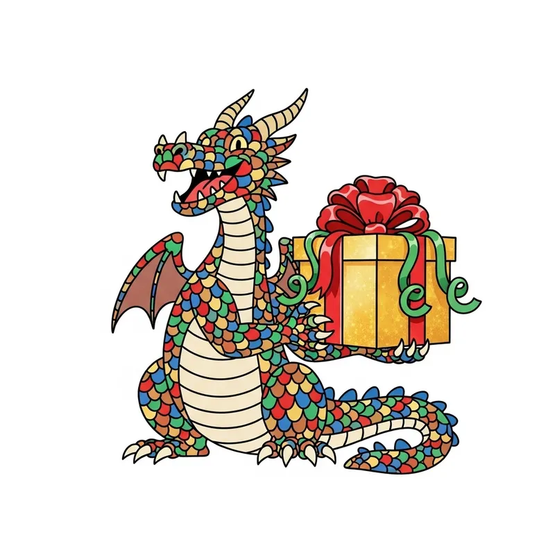 Minimalistic Christmas Dragon with Gift - Festive Illustration