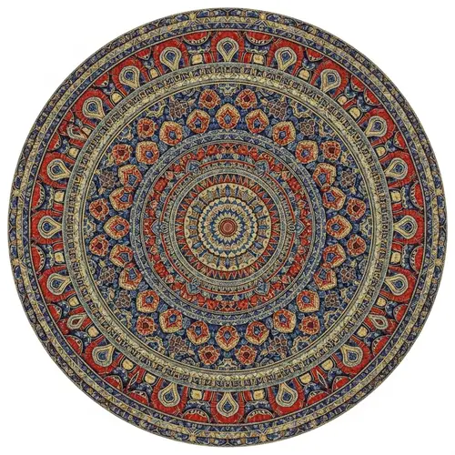 Intricate Kaleidoscopic Circle Design in Blue, Red & Gold