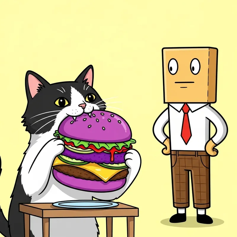Playful Cat Enjoying a Purple Hamburger