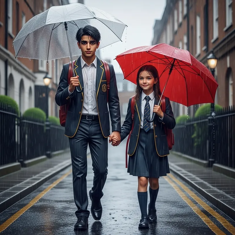 Stunning Scene of Rainy Walk: School Kids in Uniform