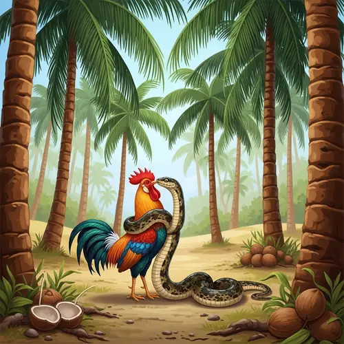 Colorful Rooster and Snake Embracing in Coconut Forest