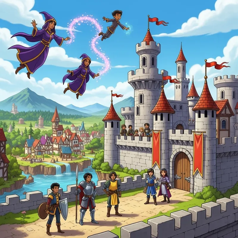 Detailed Cartoon Scene: Castle, Diverse Characters & Magic
