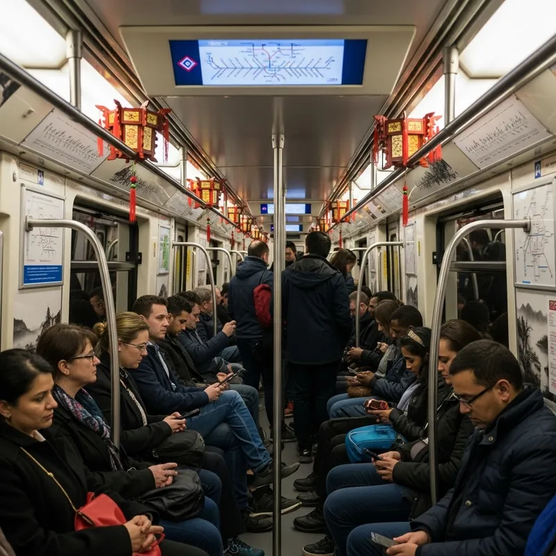 Bustling Subway Car with Chinese Cultural Elements