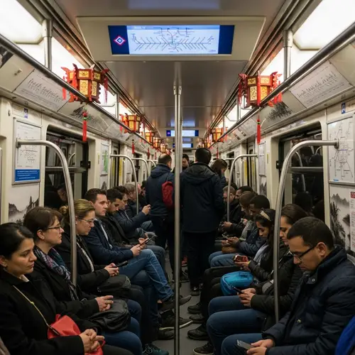 Bustling Subway Car with Chinese Cultural Elements