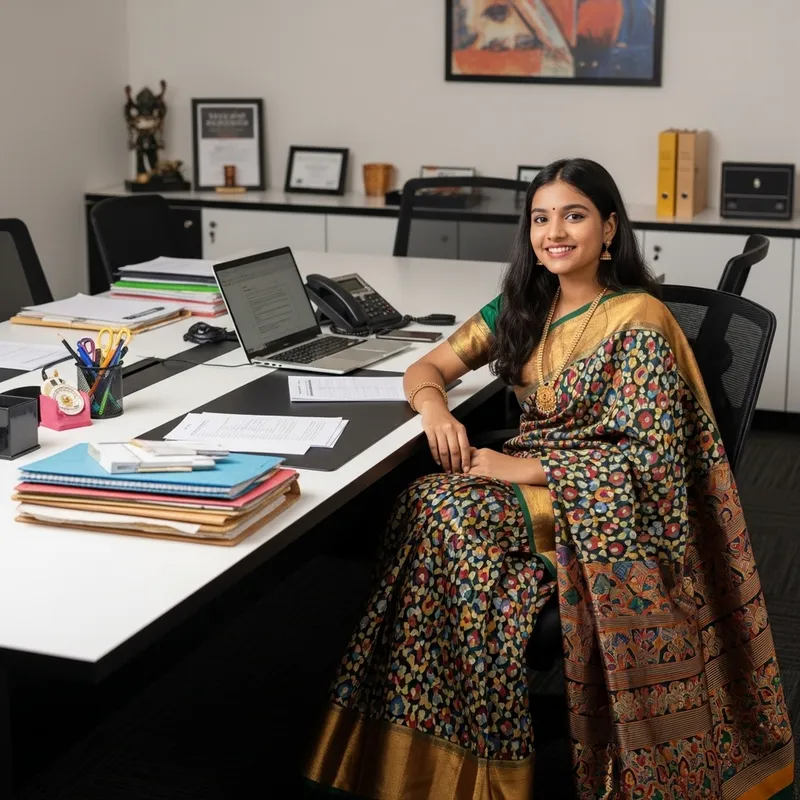 Indian Girl in Colorful Saree on Desk | Modern Office Fashion Indian Girl in Colorful Saree on Desk | Modern Office Fashion
