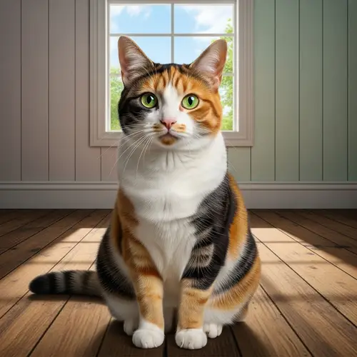 Adorable Calico Cat with Bright Green Eyes on Rustic Wood Floor