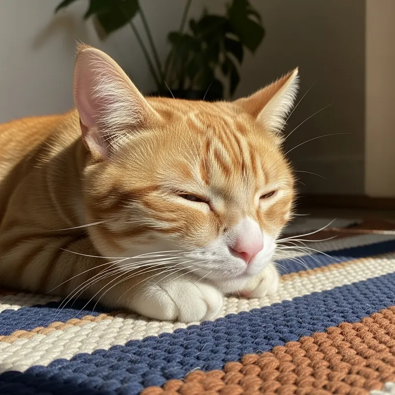 Ginger Cat Relaxing on Woven Rug