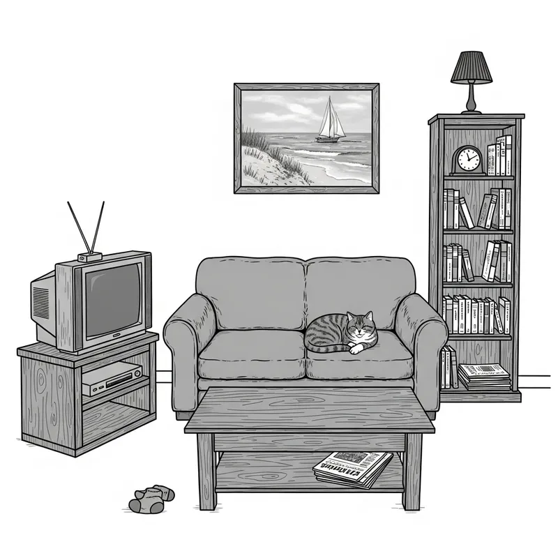 Tidy and Well-Organized Small Living Room: Wooden Bookcase, Antique Clock, Cozy Sofa & Beach Painting