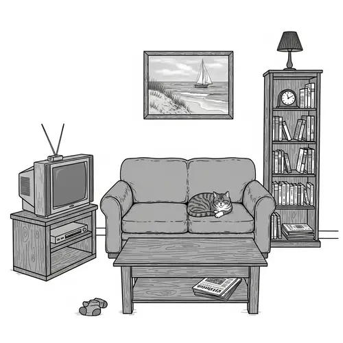 Tidy and Well-Organized Small Living Room: Books, Clock, Cat & Beach Painting