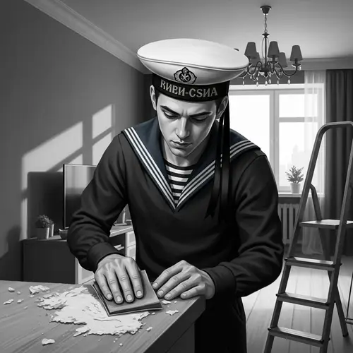 Vintage Black and White Digital Painting of Russian Builder in Sailor Uniform