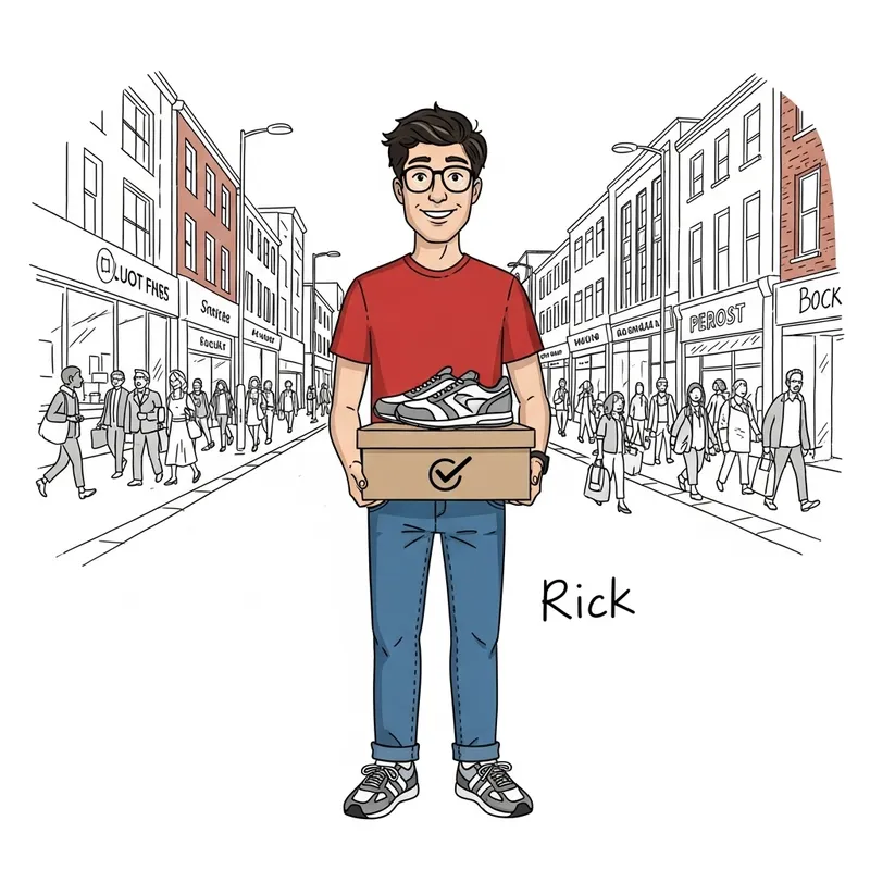Meet Rick: Friendly Man with Stylish Sneakers on Busy Urban Street