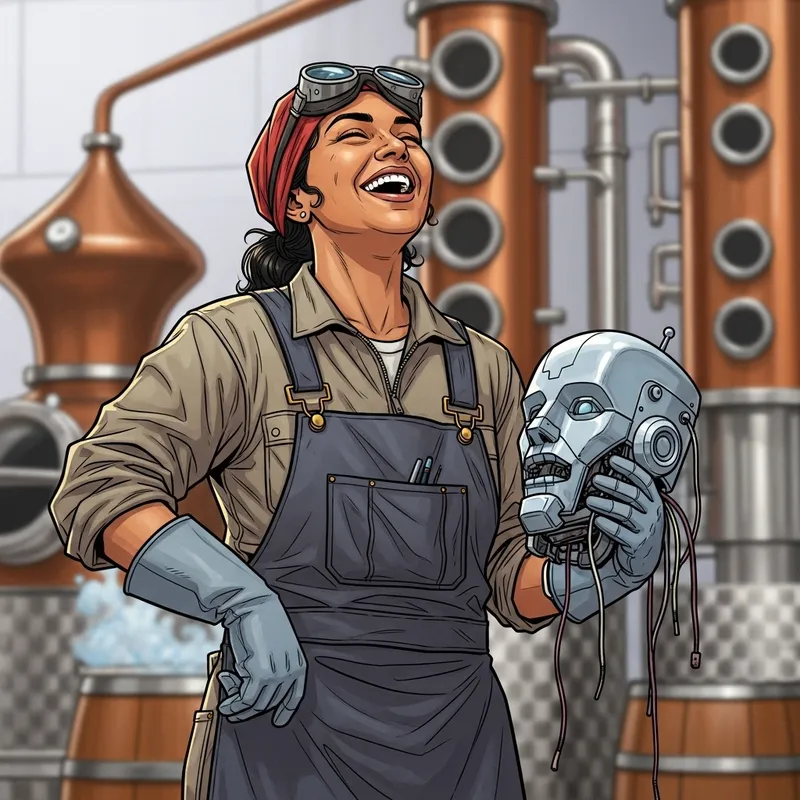 Laughing Distiller Woman with Dismantled Robot Head - Illustration Style Laughing Distiller Woman with Dismantled Robot Head - Illustration Style
