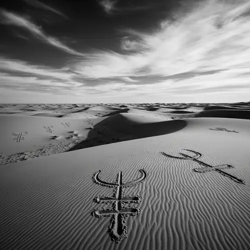 Majestic Desert Landscape: Mystical Symbols Etched in Sand