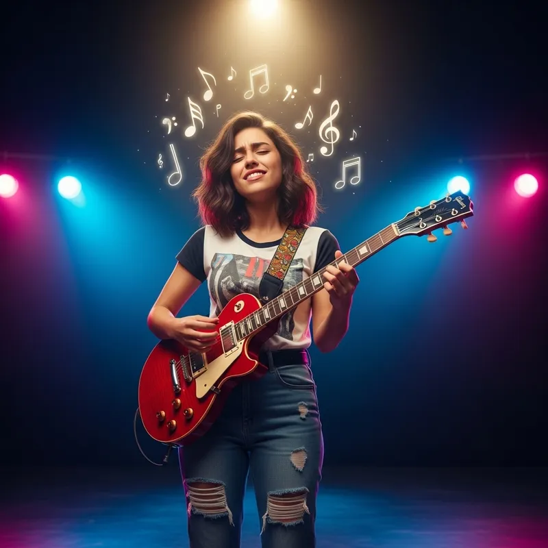 Talented Hispanic Female Guitarist Playing Electric Guitar Talented Hispanic Female Guitarist Playing Electric Guitar