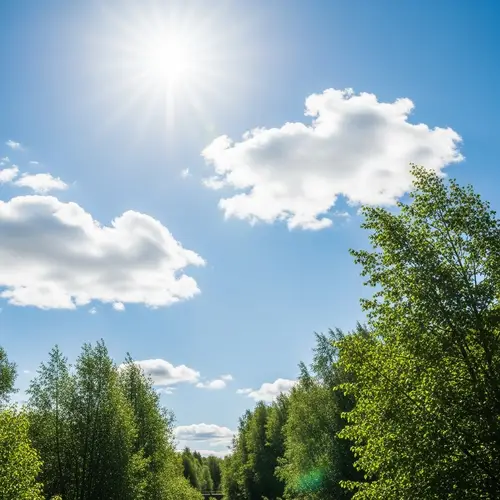 Beautiful Day: Sublime Scene with Fluffy Clouds, Radiant Sun & Rustling Trees