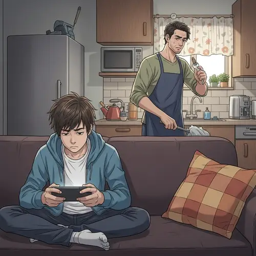 Teenager Boy's Apathy Towards Chores: Father's Patience in Home Scene