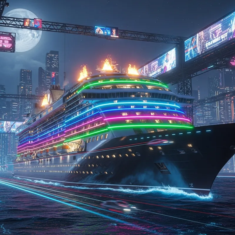 Cyberpunk Cruise Ship with Neon Lights