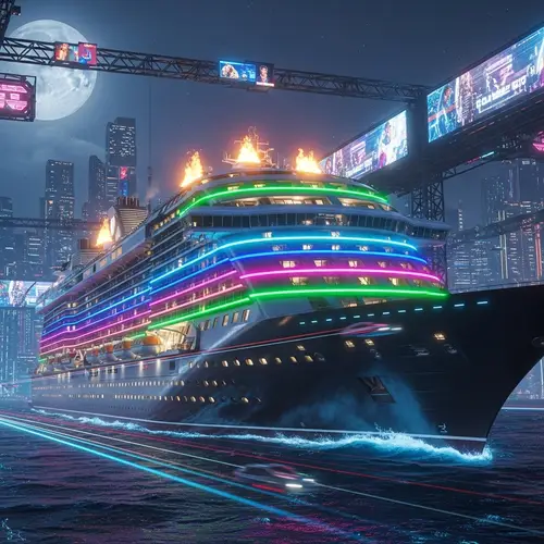 Futuristic Cyberpunk Cruise Ship - Neon Lights & Virtual Cityscape