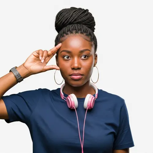 Playful Black Woman with High Bun and Headphones | Quirky Style