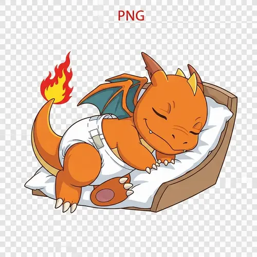 Baby Charizard Pokemon Sleeping in Crib - Vector PNG