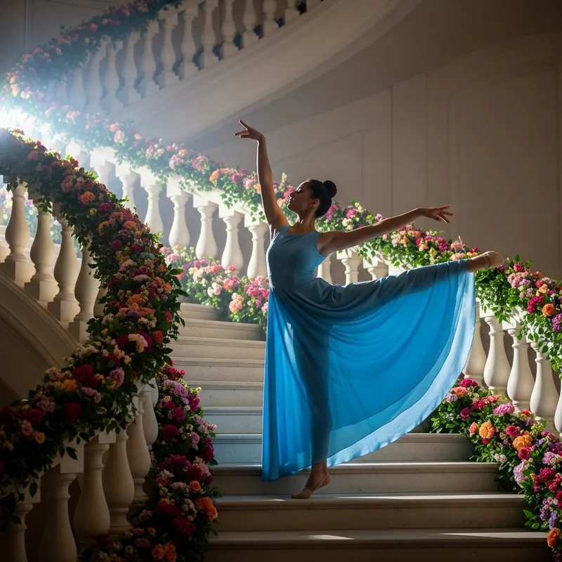 Elegant South Asian Gymnast in Flowing Dress on Flower-Adorned Staircase