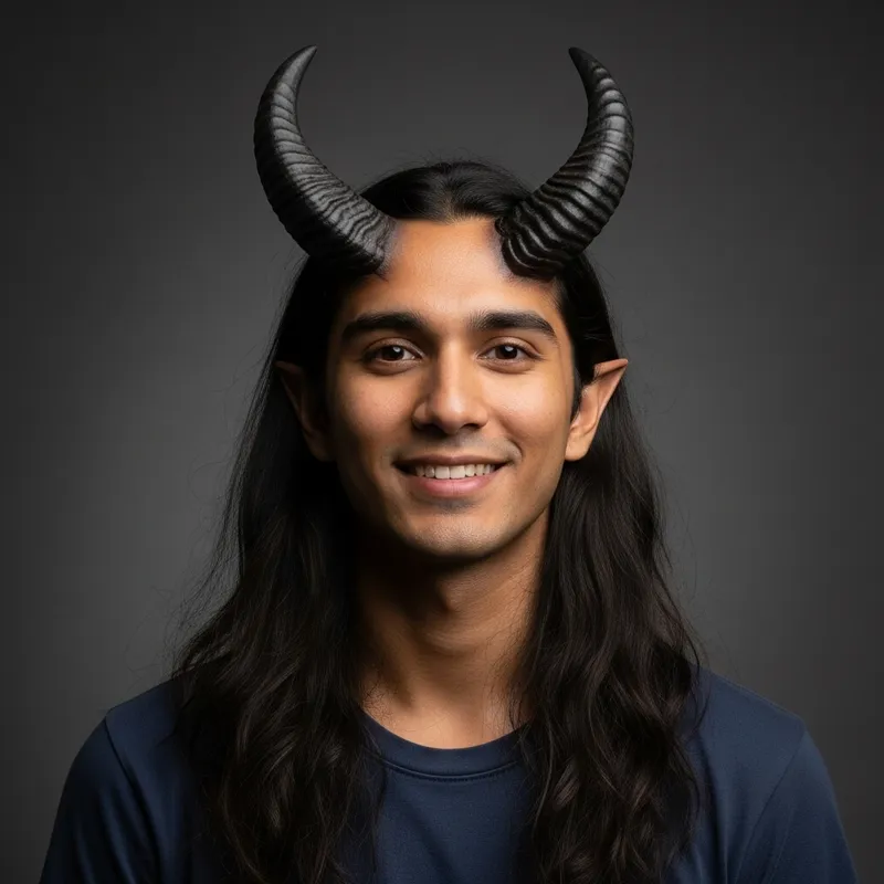 Young South Asian Male Tiefling with Radiant Skin and Kind Eyes