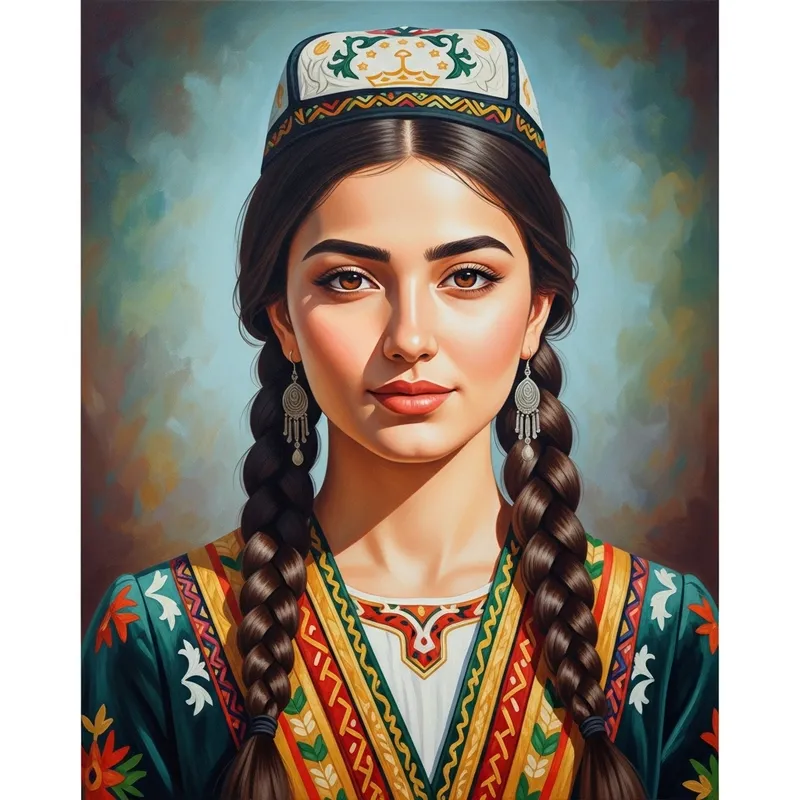 Vibrant Tajik Girl Portrait in Traditional Dress | Oil Painting