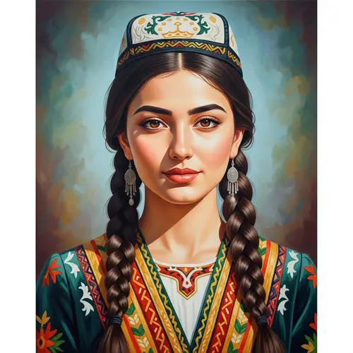 Tajik Woman Portrait in Traditional Dress | Vivid Oil Painting