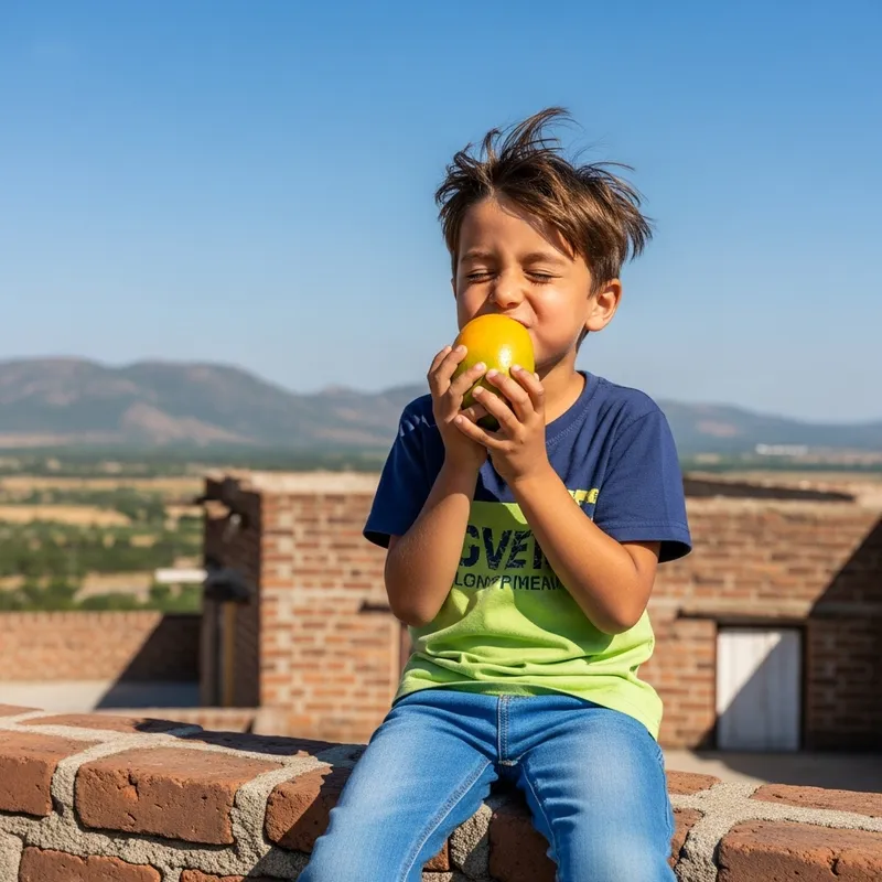 Young Boy Savoring Juicy Mango on Rooftop