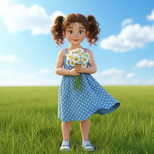 Curly Brown Hair Girl with Daisy Bouquet | Field Scene