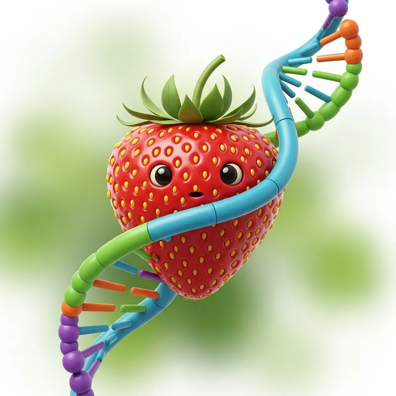 Adorable DNA Strawberry surrounded by DNA Double Helix, Educational Illustration