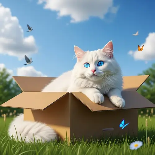 White Fluffy Cat with Blue Eyes | Pet Scene in Cardboard Box