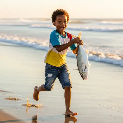 Young Black Child Joyfully Sprinting with Freshly Caught Fish