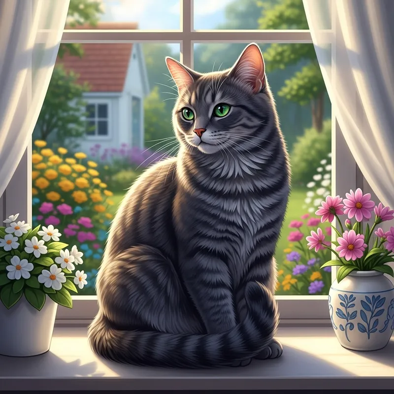 Detailed Gray Cat with Emerald-Green Eyes in Garden Scene