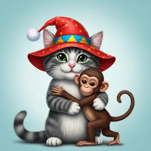Cheerful Grey and White Cat with Colorful Circus Hat Embracing a Monkey