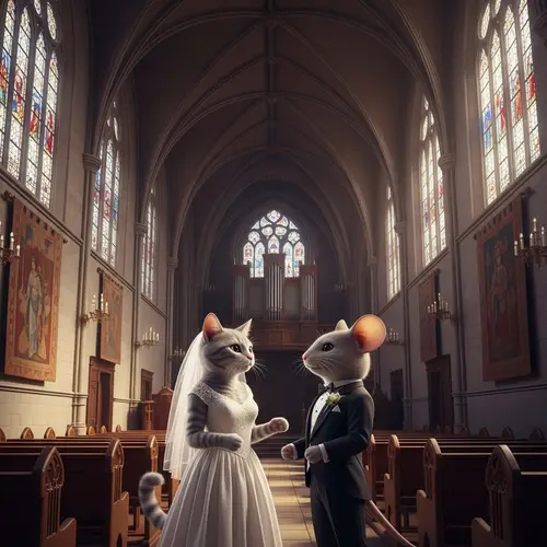 Cat Wedding in Gothic Church: Joyful Scene of Feline and Mouse